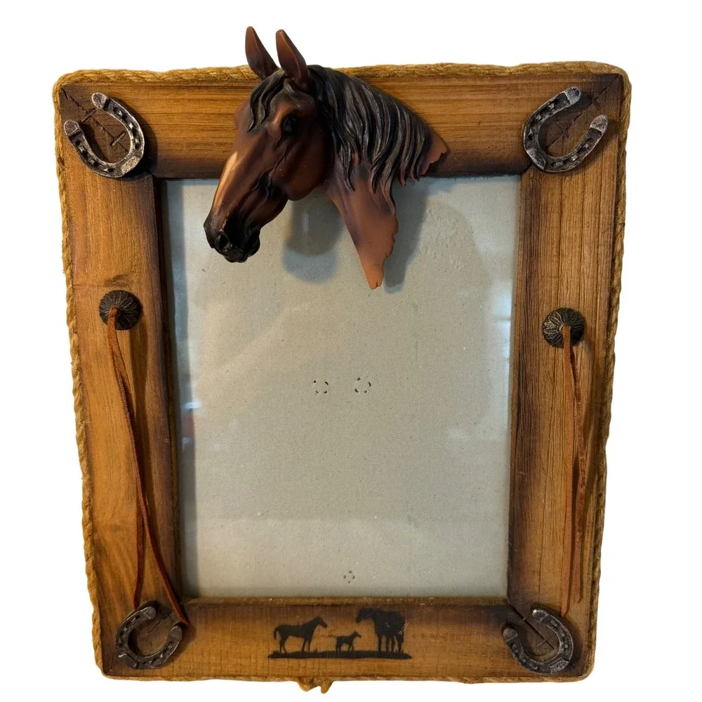 Rustic Western Wood Horse Head 3 Dimensional Picture Frame Horseshoes Leather